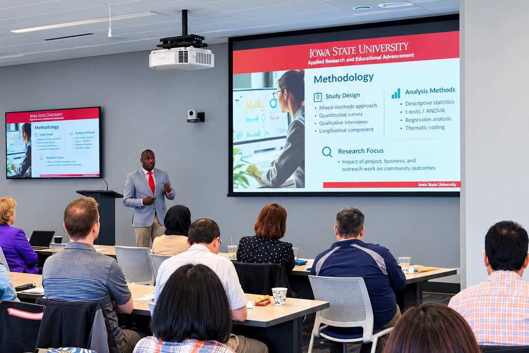 Morris Brako presenting research methodology to a seated audience at Iowa State University.